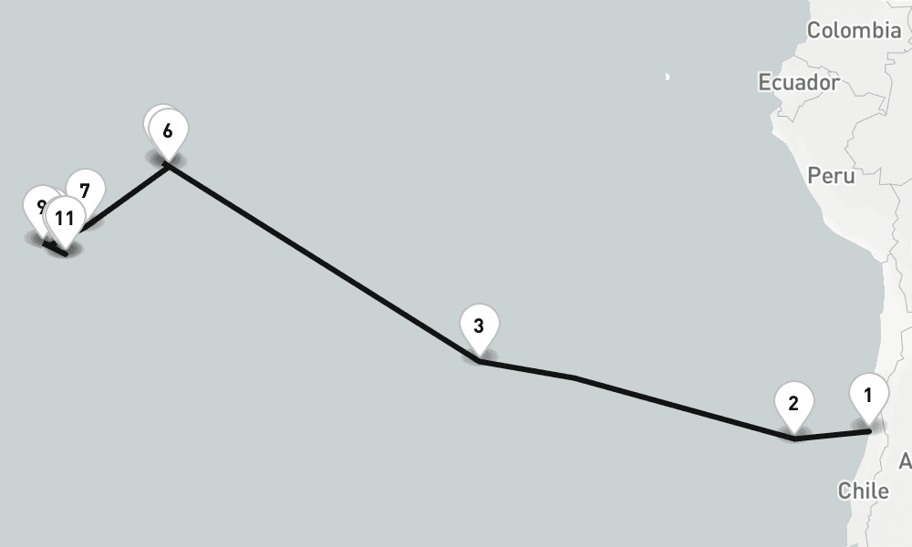 21 nights / 22 days, one-way from Valparaiso (Santiago, Chile) to Papeete (Tahiti Island, French Polynesia)