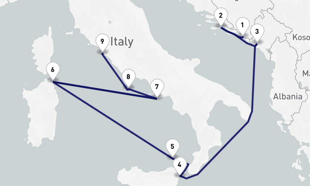 10 nights / 11 days, one-way from Dubrovnik to Civitavecchia (Rome, Italy)