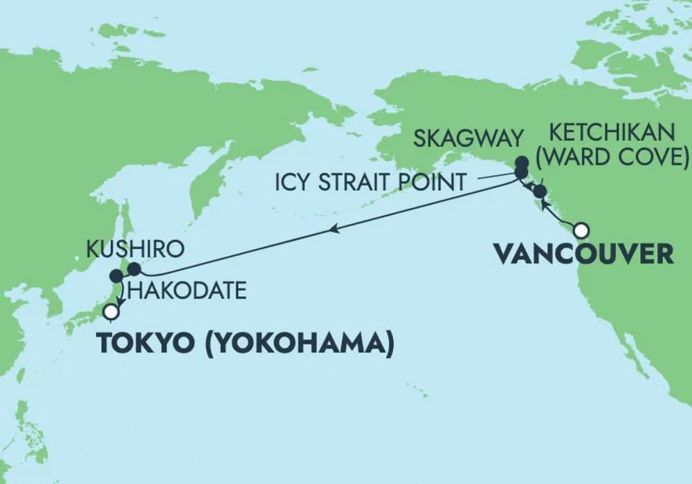 17 nights / 18 days, one-way from Vancouver (BC Canada) to Yokohama (Tokyo, Japan)